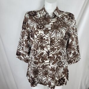 Chicos Linen SHIRT Womens Size 2 Large Brown White Floral Button Up 3/4 Sleeves